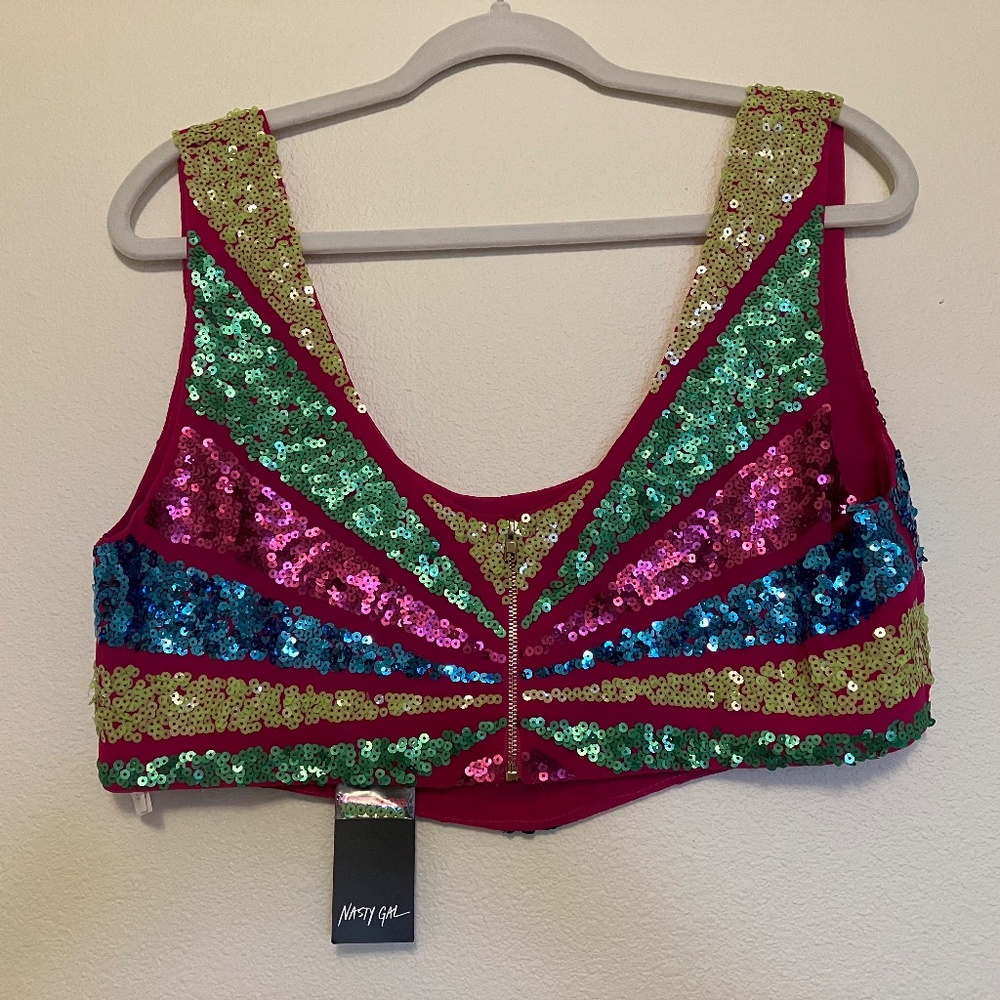 Nasty Gal Colorblock Sequin Cropped Bralette Hot Pink - Picture 7 of 7